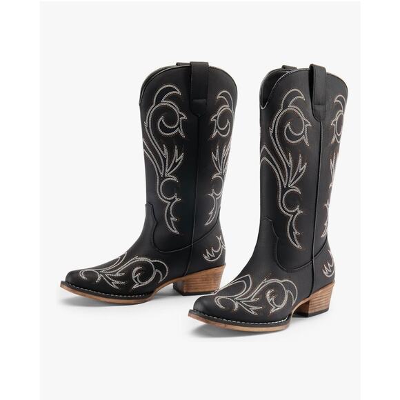 Women Cowboy Cowgirl Boots Mid Calf Square Toe Chunky Heel Embroidery Stitched - Picture 3 of 7
